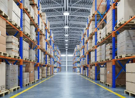 Warehouse aisles with stocked racking